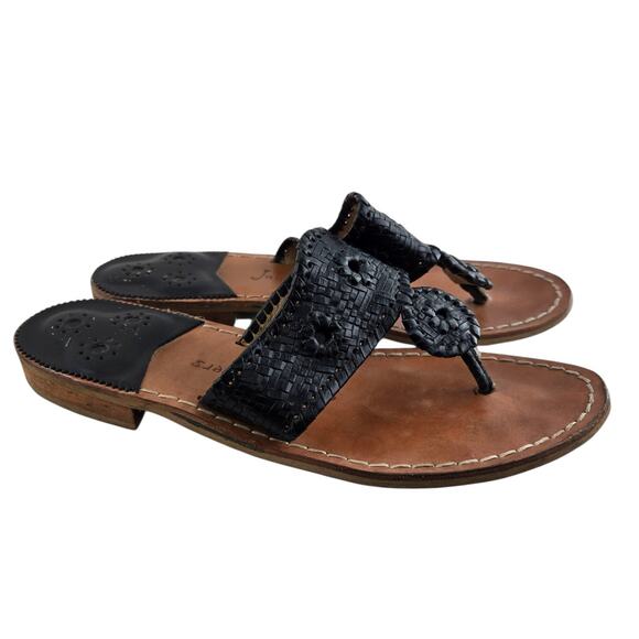 Jack Rogers Sandals Womens 9 Flats Black Woven Leather Slip On Thong Preppy - Picture 1 of 11